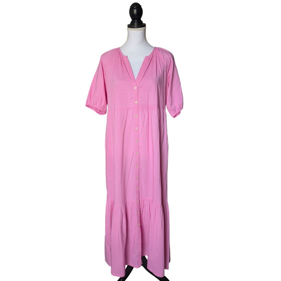 Loft Pink Tiered Short Sleeve Button Front Midi Dress Size Medium V Neck Pockets - Picture 1 of 5